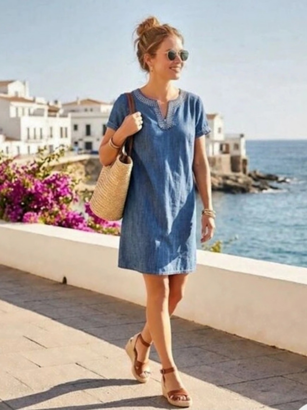 Talbots Embroidered Linen Shift Dress Blue Mini Dress